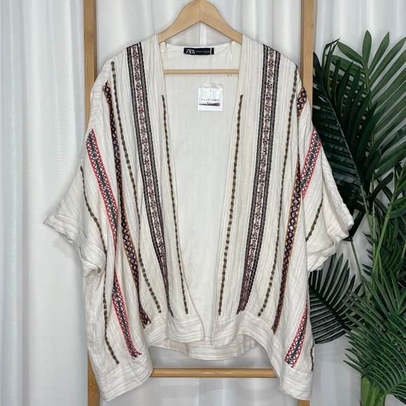 Zara Jackets & Blazers - Zara Embroidered Beaded Linen Jacket Boho XS-S